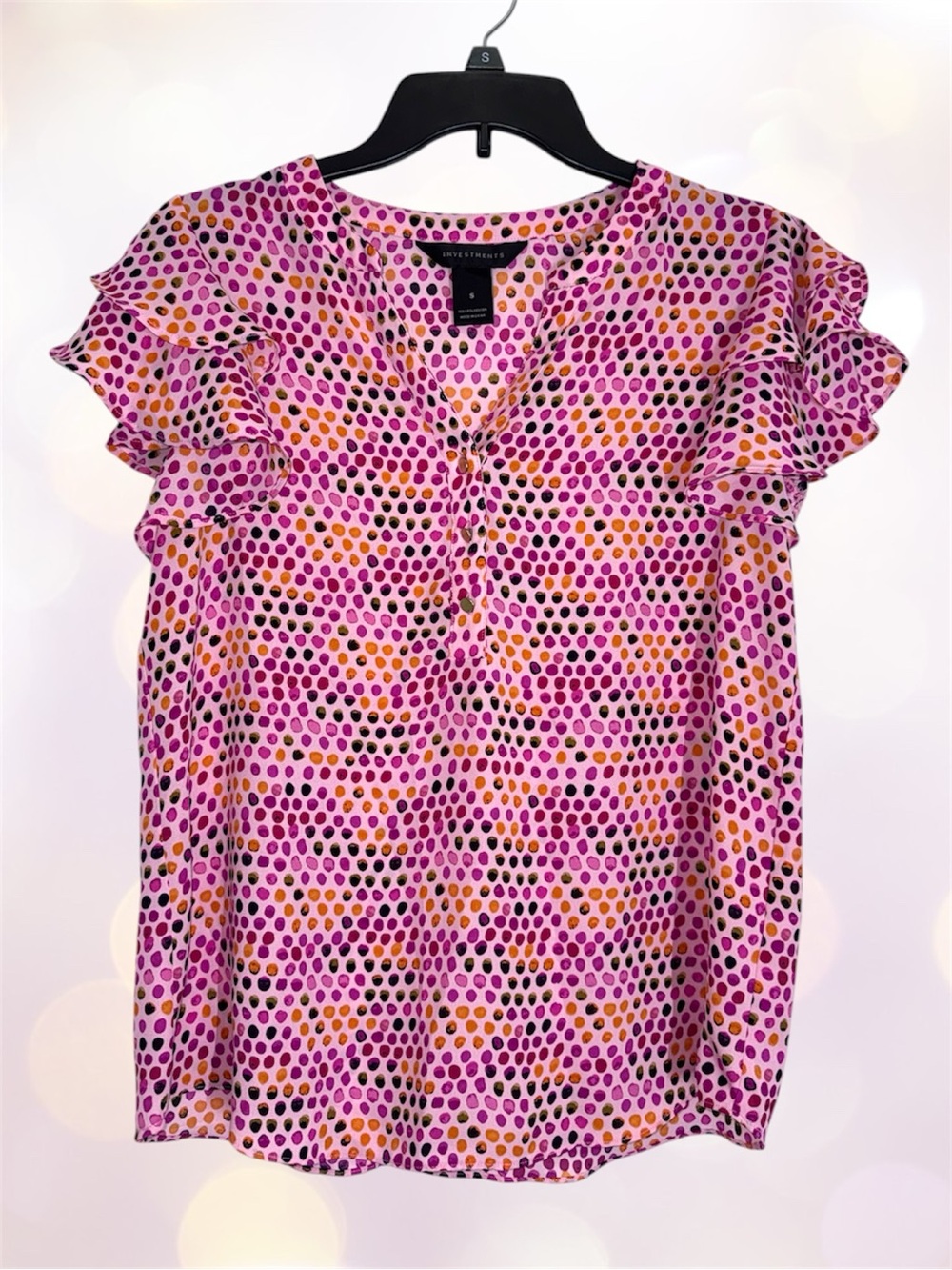Investments Pink Polka Dot Ruffle Sleeve V Neck Blouse size S